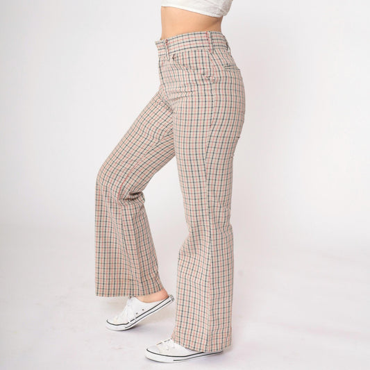 70s Plaid High-Waisted Flared Trousers Beige Red Navy Checkered Small