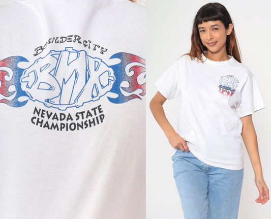 90s Boulder City BMX Nevada Championship T-Shirt White Flames Graphic Small