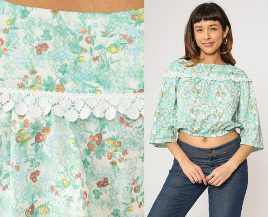 70s Peasant Blouse Fruit Print Crop Top Blue Green 3/4 Sleeve Extra Small