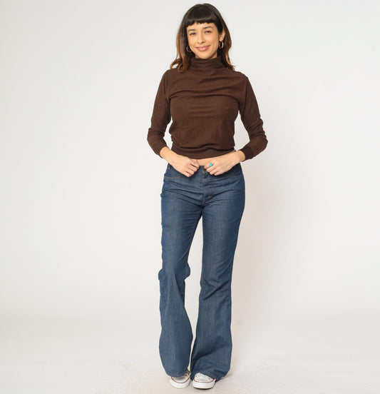 70s Brown Turtleneck Crop Top Long Sleeve Knit Shirt Extra Small XS
