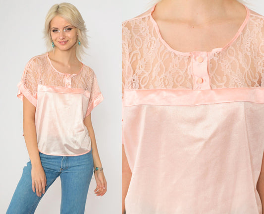 80s Baby Pink Nylon Lingerie Pajama Top Lace Button-Up Sleep Shirt Medium