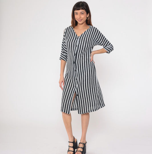 90s Black White Striped Knit Midi Shirtdress Dolman Sleeve V Neck Medium