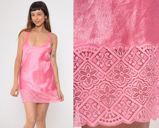 Y2K Victoria's Secret Pink Lace Slip Dress Criss-Cross Spaghetti Strap Small S
