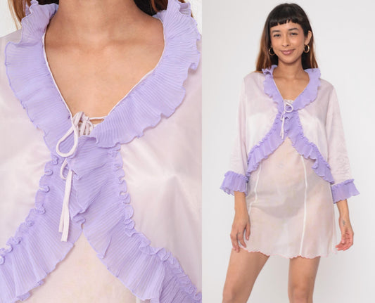 90s Mary McFadden Bed Jacket Pale Pink Lavender Ruffled Tie Front Small