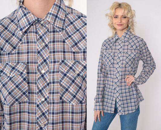 80s Saturdays in California Western Shirt Plaid Pearl Snap Blue White Medium