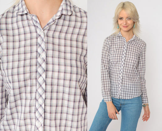 80s Metallic Plaid Button-Up Blouse Long Sleeve Shirt Extra Small XS