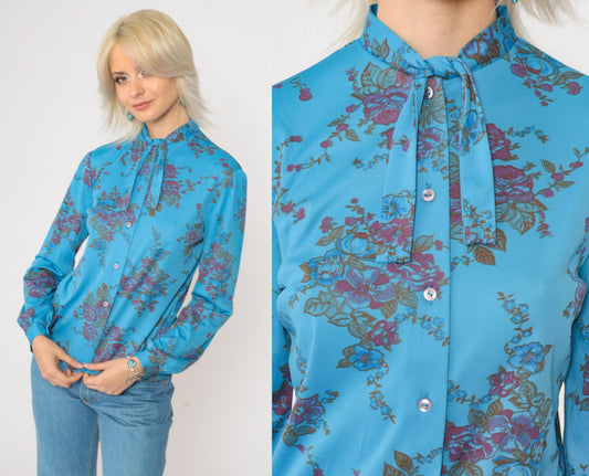 70s Blue Floral Ascot Blouse Button-Up Long Sleeve Shirt Small