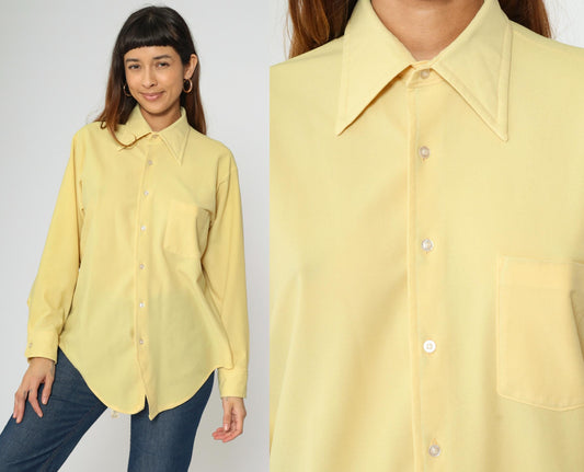 70s Van Heusen Yellow Pointed Collar Button-Up Shirt Long Sleeve Large