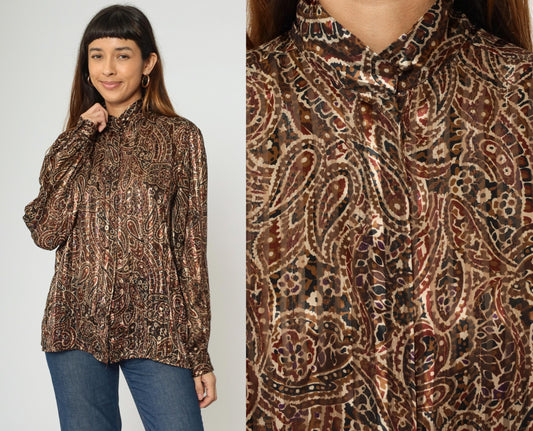 80s Yves St. Clair Paisley Puff Sleeve Blouse Metallic High Collar Large