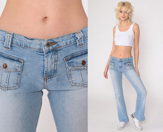 Y2K Low Rise Flared Jeans Blue Denim Patch Pocket 00s Bell Bottom Small 5