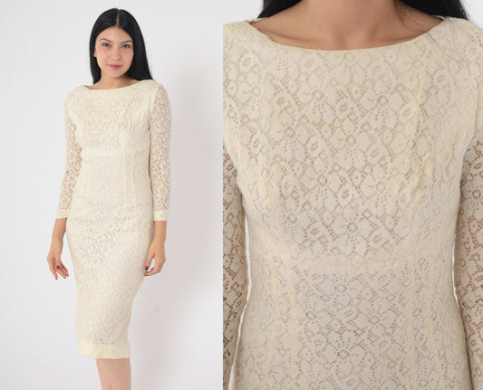 1960s Cream Lace Midi Dress Sheath Sheer Sleeve Cocktail Extra Small