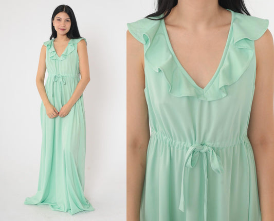 70s Mint Green Maxi Dress Ruffled V-Neck Sleeveless Drawstring Waist Medium