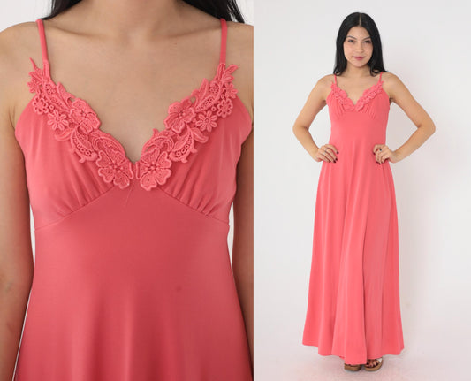70s Coral Pink Grecian Maxi Dress Empire Waist Floral Lace Spaghetti Strap Extra Small