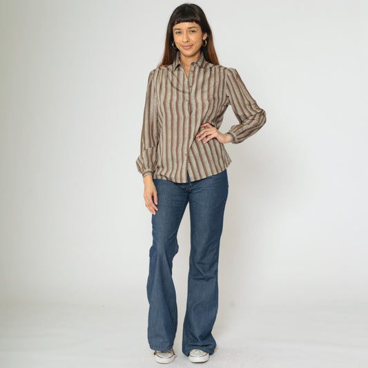 80s Brown & White Striped Puff Sleeve Blouse Collared Button Up Medium