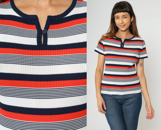 70s Striped Keyhole Neck Blouse Red White Navy Short Sleeve Small Medium