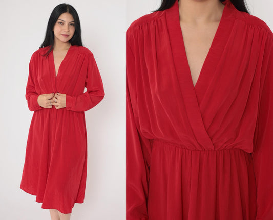 90s Red Wrap Midi Dress Deep V Neck High Waist Long Sleeve Medium