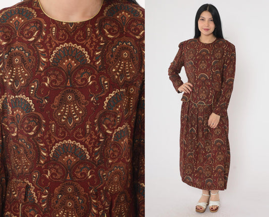 90s Maroon Paisley Midi Dress Gold Trim Puff Sleeve Button Back Medium