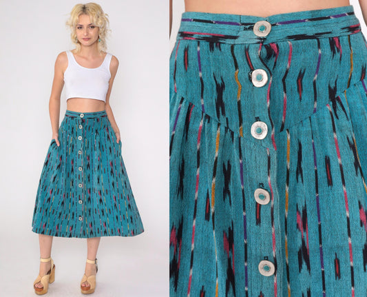 90s Teal Ikat Midi Skirt Button Front High Waist Southwestern Extra Small