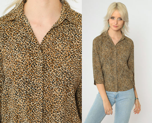 90s Leopard Print Button Up Blouse 3/4 Sleeve Shirt Small Medium