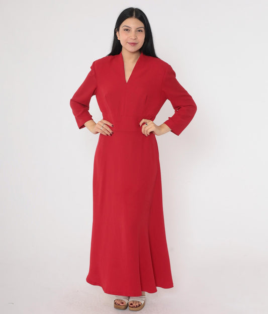 90s Donna Morgan Red Maxi Dress V-Neck High Waist Long Sleeve Small
