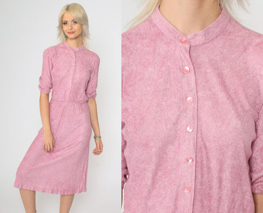 70s Pink Terry Cloth Midi Dress Mandarin Collar Button Up Half Sleeve Extra Small