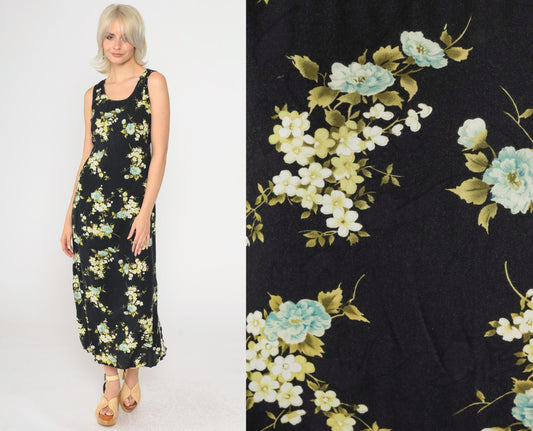 90s R&K Originals Black Floral Rayon Dress Sleeveless Ankle Length Medium