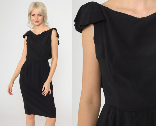 1960s Black Sheath Dress Ruffle Open Back Pencil Knee Length Small