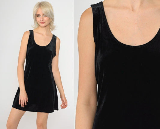 90s Charlotte Russe Black Velvet Mini Dress Scoop Neck Sleeveless Medium