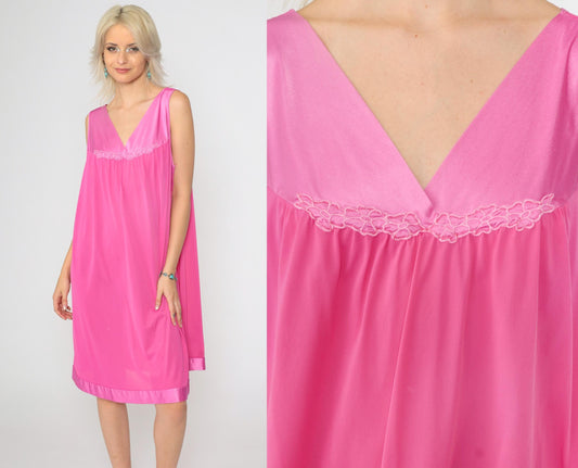 80s Hot Pink Floral Embroidered Nightgown Knee-Length Shift V-Neck Large L