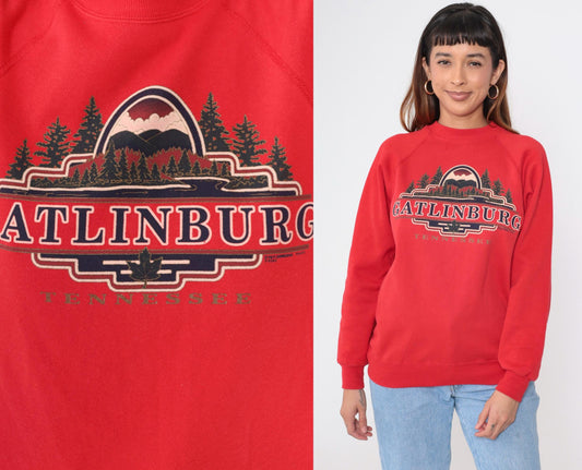 90s Gatlinburg Tennessee Sweatshirt Red Crewneck Great Smoky Mountains Graphic Medium