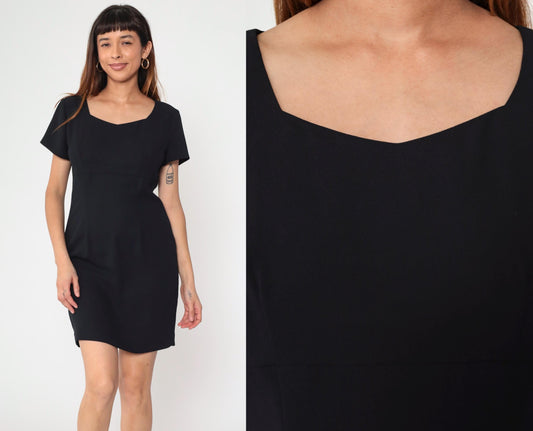 90s Black Mini Sheath Dress Empire Waist Short Sleeve Medium Petite