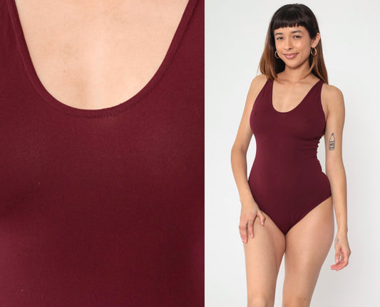 80s Burgundy Sleeveless Leotard Scoop Neck Bodysuit Small Medium