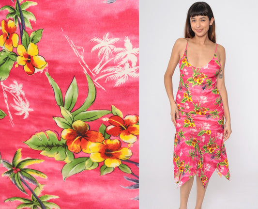 Y2K Pink Hibiscus Floral Midi Dress Bodycon Spaghetti Strap Hanky Hem Small