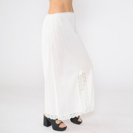 70s White Lace Slip Skirt Semi-Sheer Front Slit Maxi Medium Large