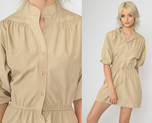 70s Tan Button-Up Mini Shirtdress High Waist Short Sleeve Small