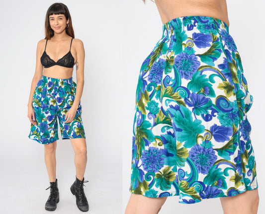 90s Lee Blue Floral High-Waist Wide-Leg Shorts Small