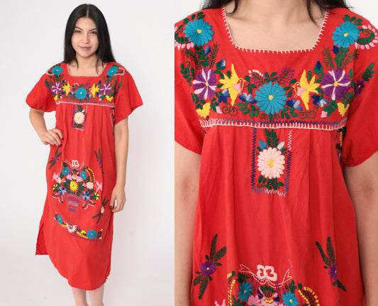 90s Red Mexican Midi Dress Embroidered Floral Short Sleeve Medium