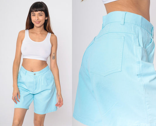 90s Denim & Co High-Waisted Jean Shorts Bright Blue Pleated Large
