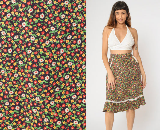 70s Floral Calico Midi Skirt High Waist Eyelet Lace Tiered Ruffle Small