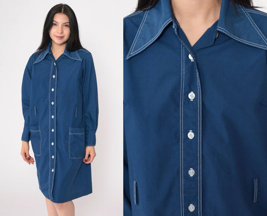 70s Dark Blue Dagger Collar Shift Dress Button-Up Long Sleeve Medium