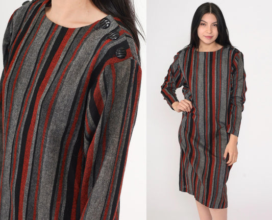 80s Grey Red Striped Midi Shift Dress Button Shoulders Long Sleeve Medium