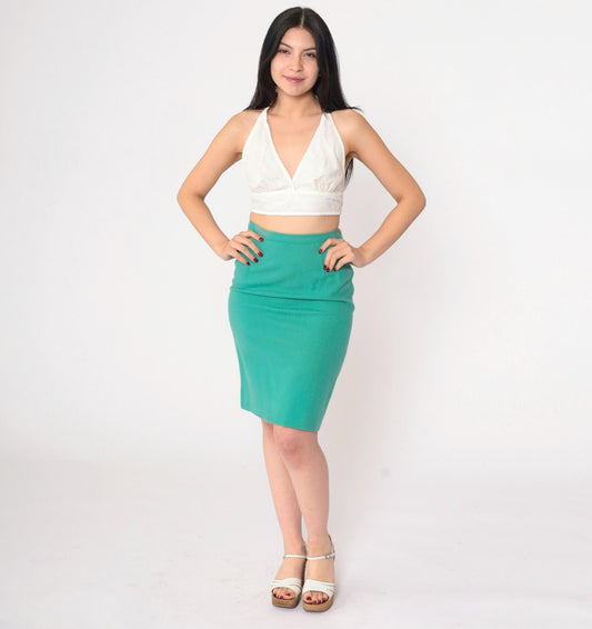 1960s Green Wool Pencil Skirt High Waist Mini Back Zip Extra Small