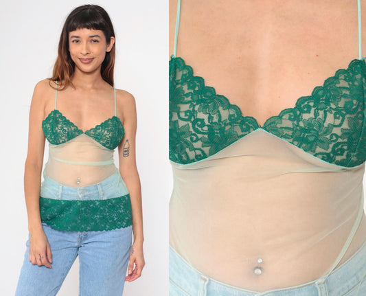 Y2K Mint Green Lace Cami Top Sheer Mesh Spaghetti Strap Lingerie Extra Small