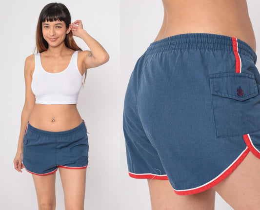 80s Catalina Swim Trunks Dark Blue Red Trim Drawstring Medium