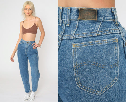 80s Lee High Waist Tapered Jeans Blue Denim Size 6