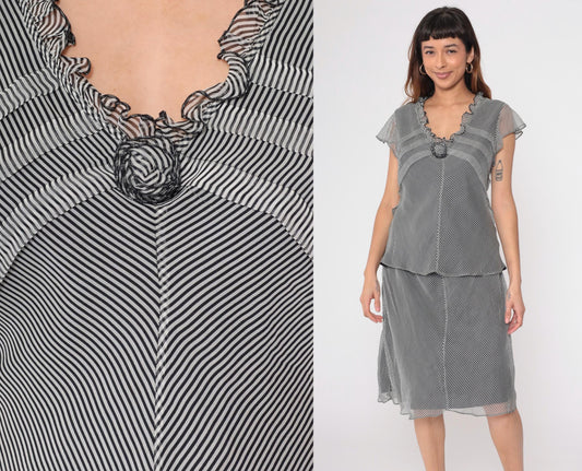 90s Robbie Bee Black White Chevron Striped Silk Two Piece Midi Dress Medium