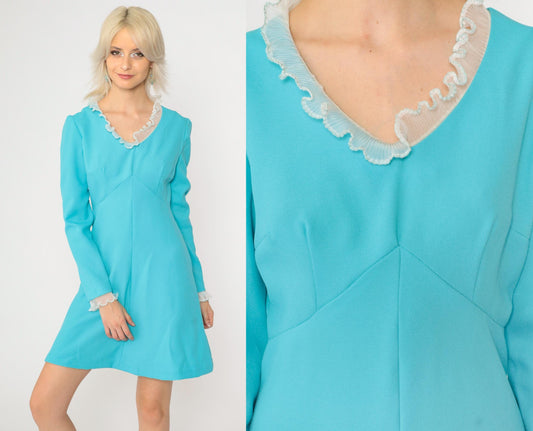 70s Babydoll Mini Dress Blue Empire Waist Ruffled V-Neck Long Sleeve Small