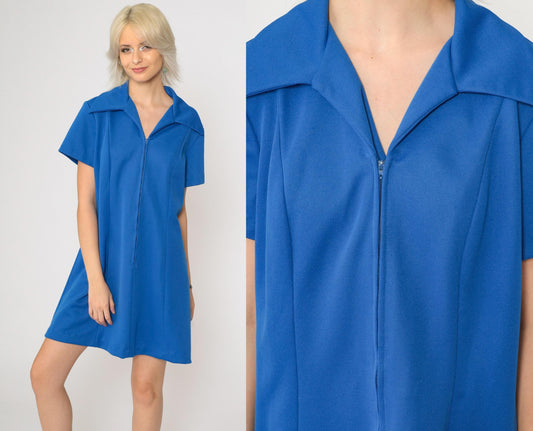 70s Mod Mini Dress Royal Blue Front Zip Shift Dress Short Sleeve Large L