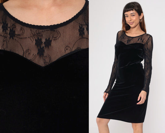 90s Black Velvet Bodycon Midi Dress Lace Illusion Neckline Large L