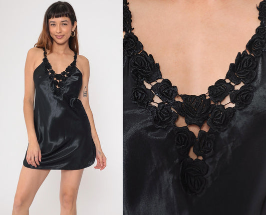 90s Black Satin Chemise Lace Trim Mini Slip Dress Spaghetti Strap Small